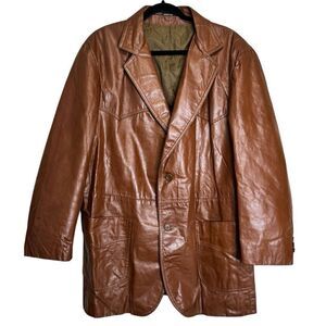 Vintage 70’s Sears Size 46 Tall Brown Orange Retro 2 Button Leather Jacket Coat